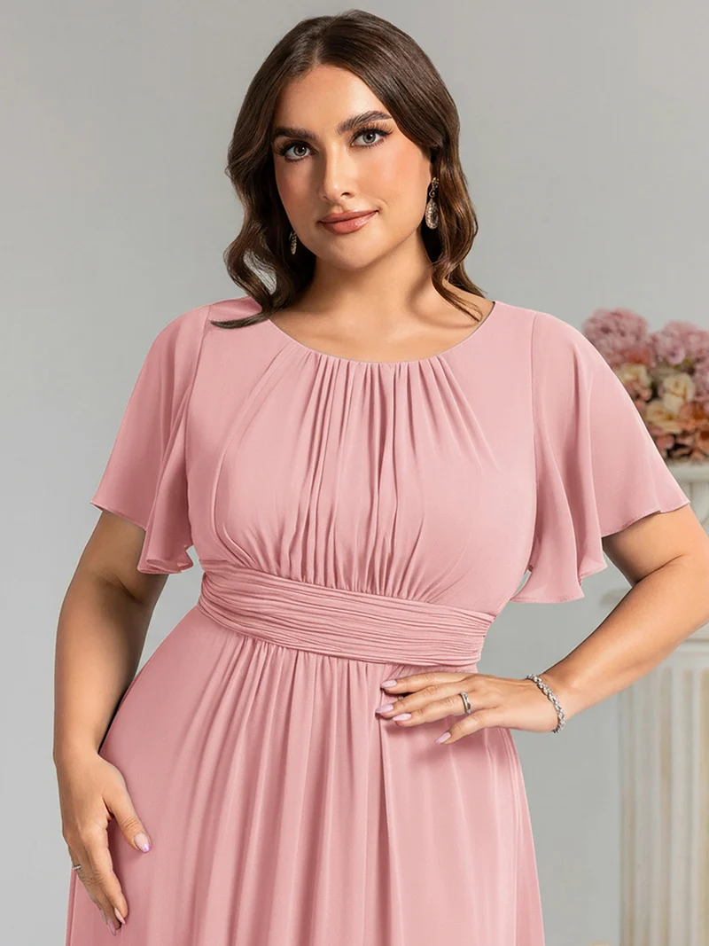 Robe de demoiselle d'honneur trapèze plissée en mousseline de soie simple, encolure ronde