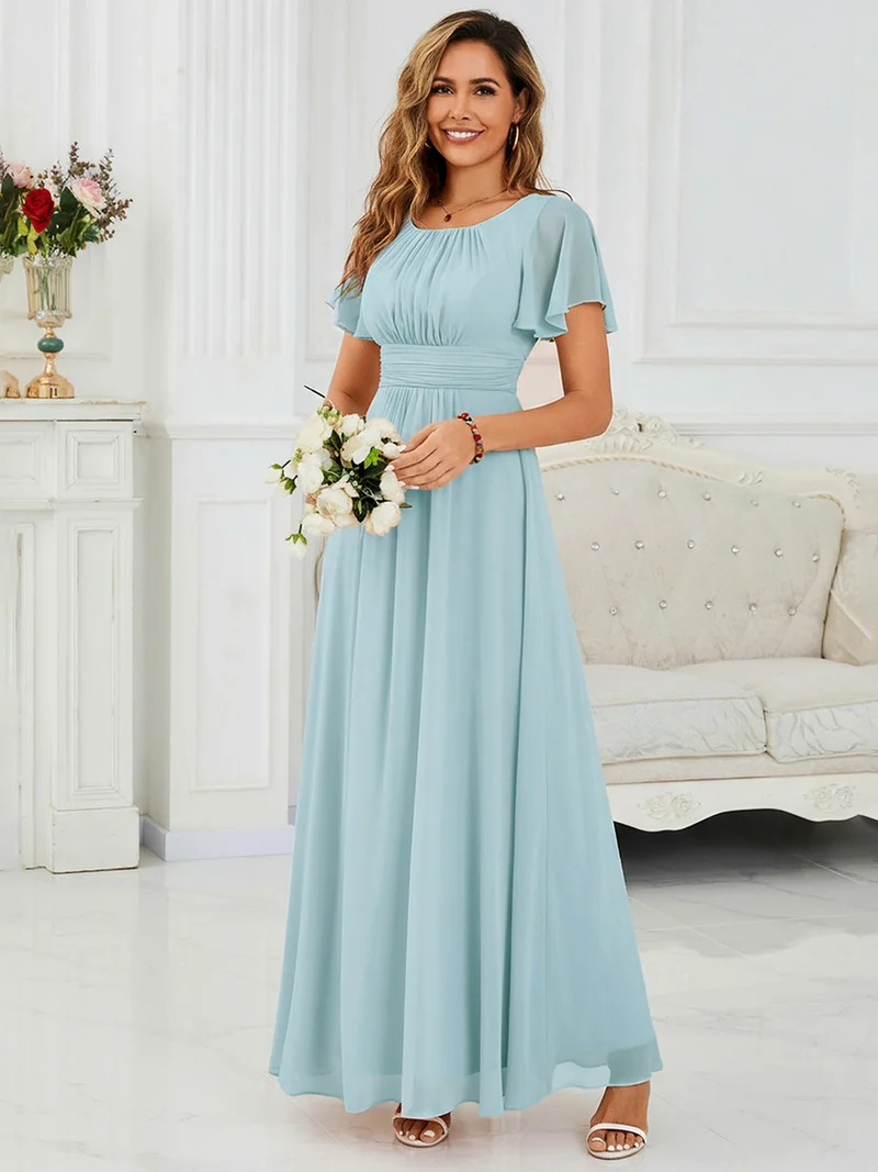 Robe de demoiselle d'honneur trapèze plissée en mousseline de soie simple, encolure ronde