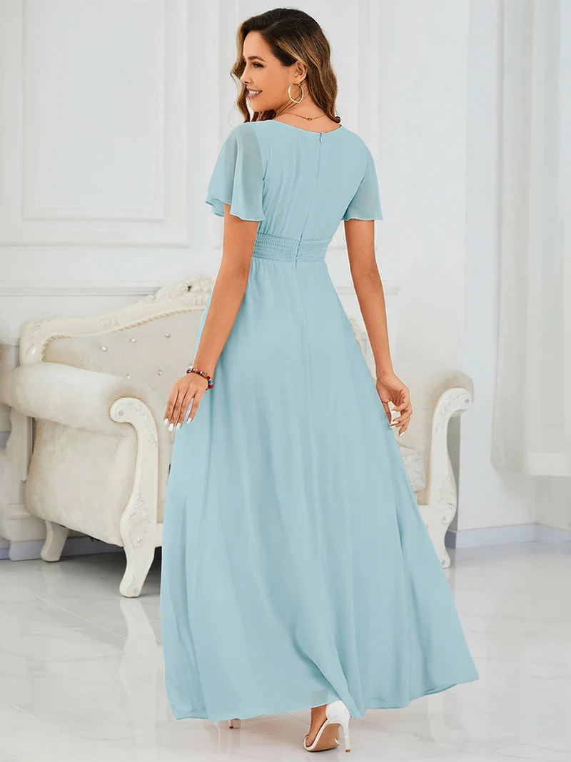 Robe de demoiselle d'honneur trapèze plissée en mousseline de soie simple, encolure ronde