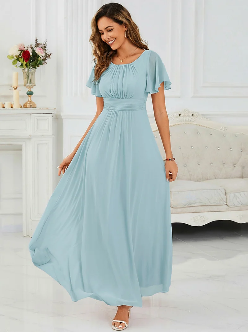 Robe de demoiselle d'honneur trapèze plissée en mousseline de soie simple, encolure ronde