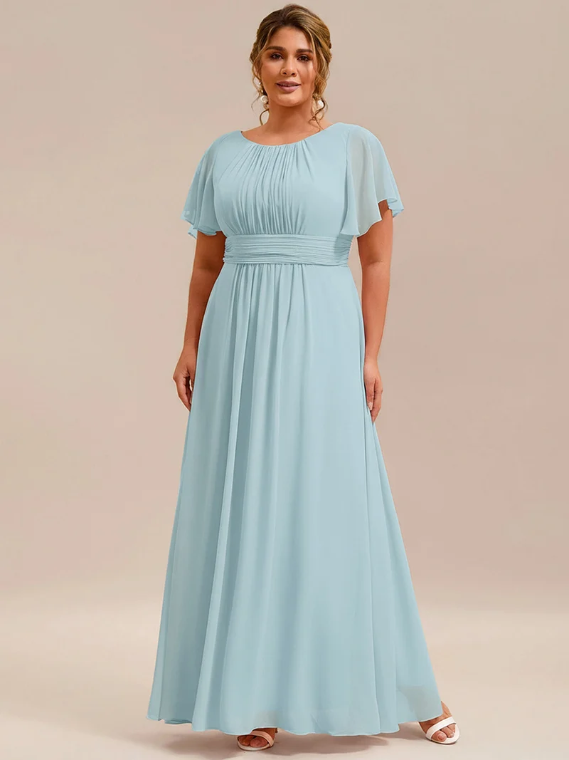 Robe de demoiselle d'honneur trapèze plissée en mousseline de soie simple, encolure ronde