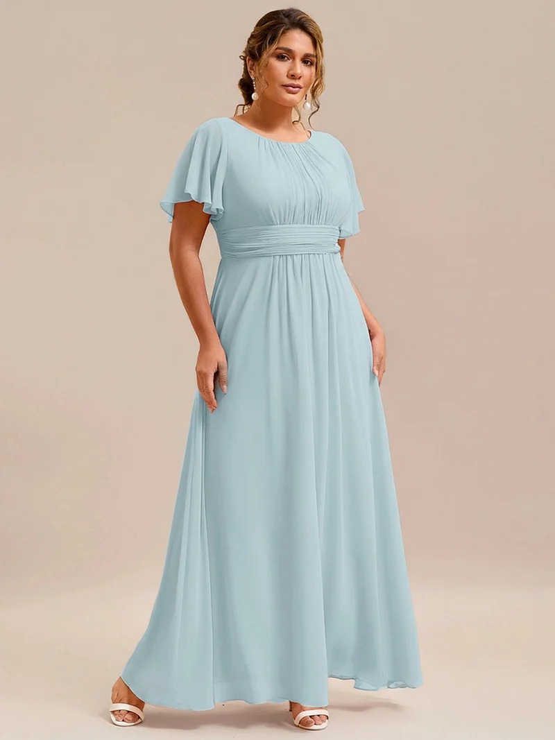 Robe de demoiselle d'honneur trapèze plissée en mousseline de soie simple, encolure ronde