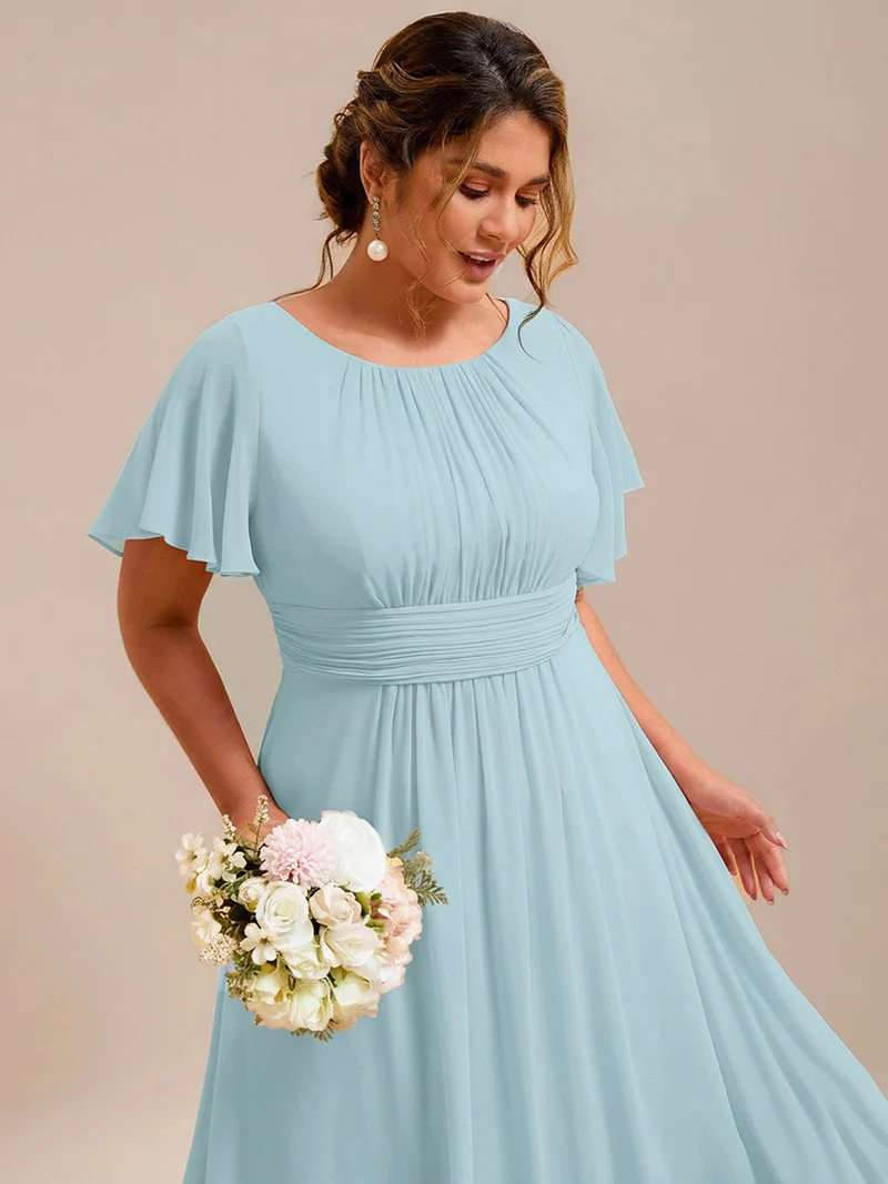 Robe de demoiselle d'honneur trapèze plissée en mousseline de soie simple, encolure ronde