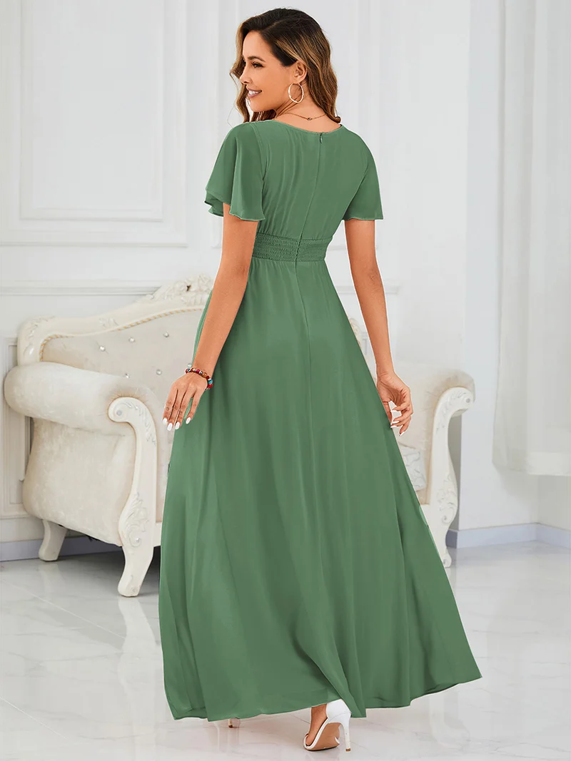 Robe de demoiselle d'honneur trapèze plissée en mousseline de soie simple, encolure ronde