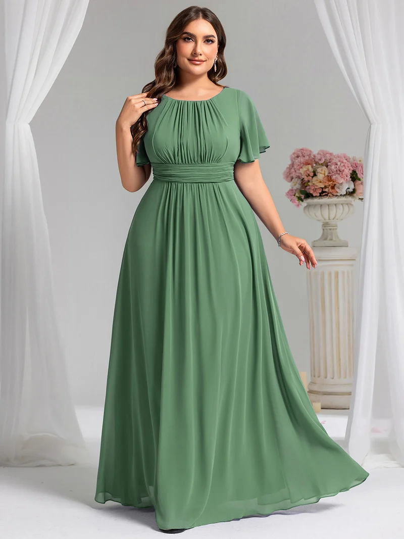 Robe de demoiselle d'honneur trapèze plissée en mousseline de soie simple, encolure ronde