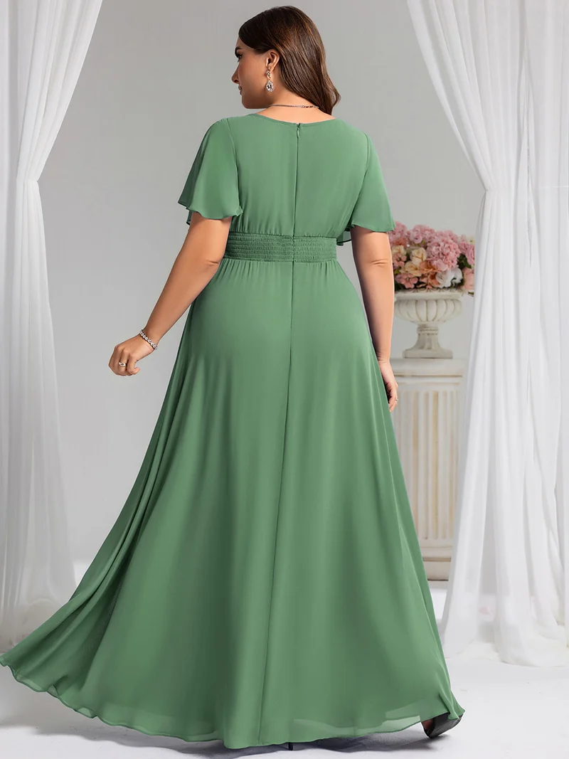 Robe de demoiselle d'honneur trapèze plissée en mousseline de soie simple, encolure ronde