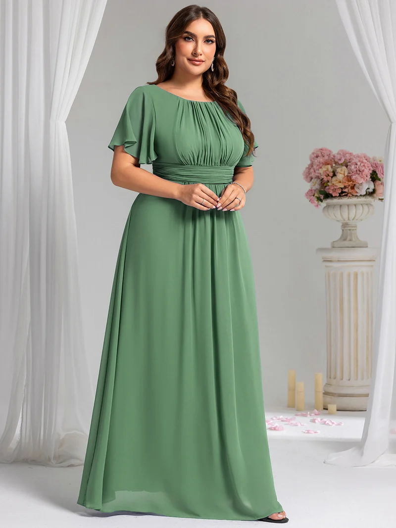 Robe de demoiselle d'honneur trapèze plissée en mousseline de soie simple, encolure ronde