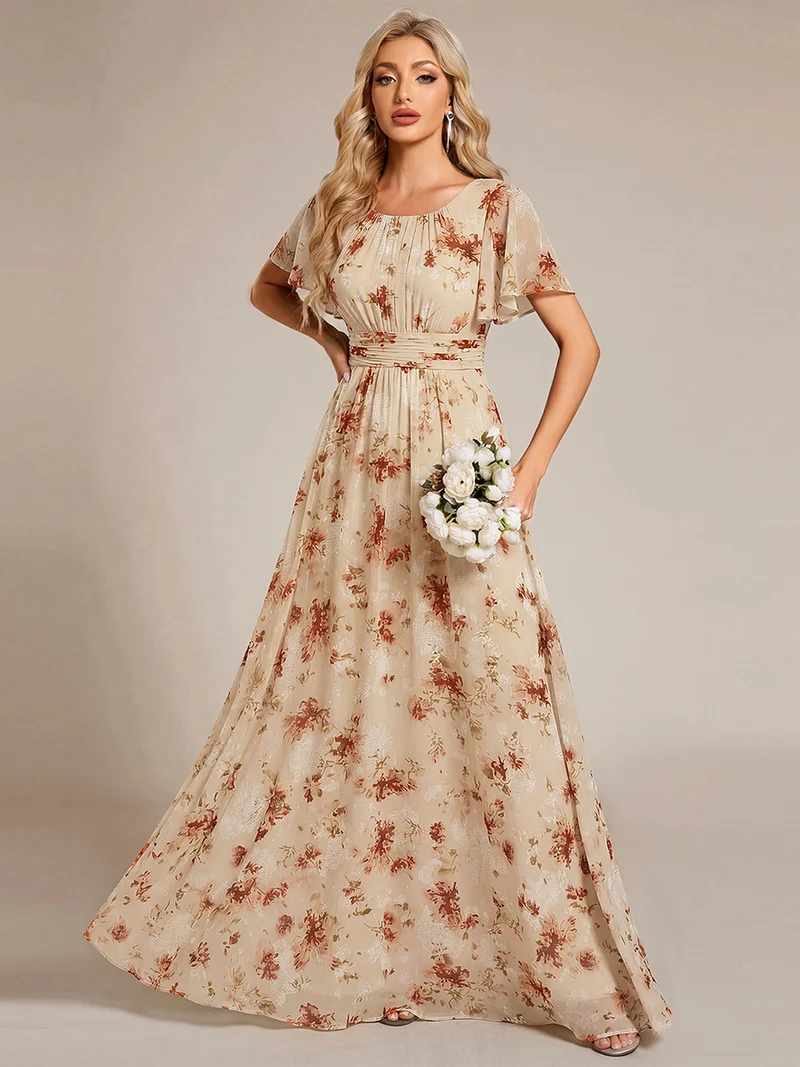 Robe de demoiselle d'honneur trapèze plissée en mousseline de soie simple, encolure ronde