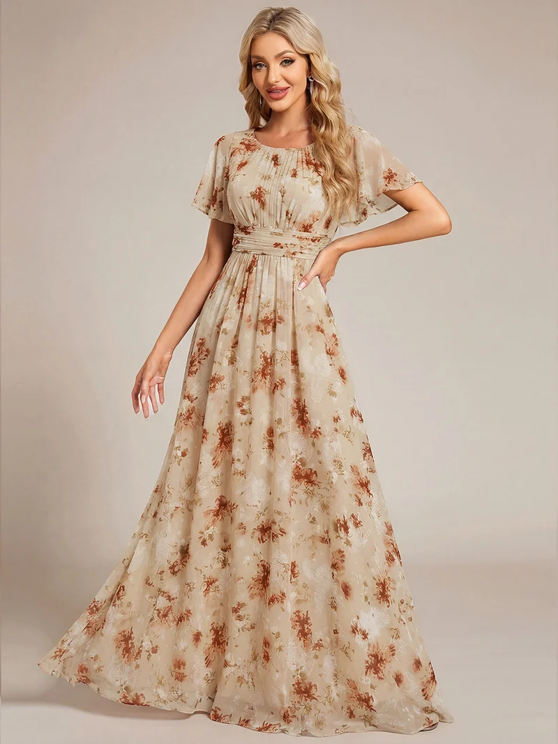 Robe de demoiselle d'honneur trapèze plissée en mousseline de soie simple, encolure ronde