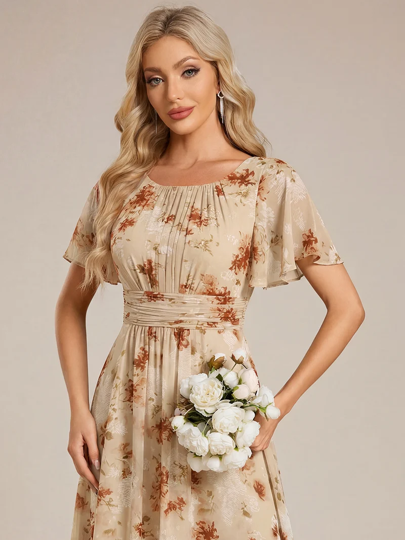 Robe de demoiselle d'honneur trapèze plissée en mousseline de soie simple, encolure ronde