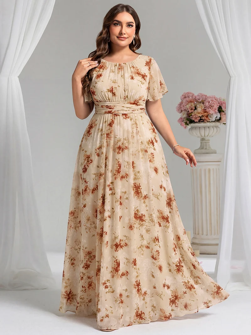 Robe de demoiselle d'honneur trapèze plissée en mousseline de soie simple, encolure ronde