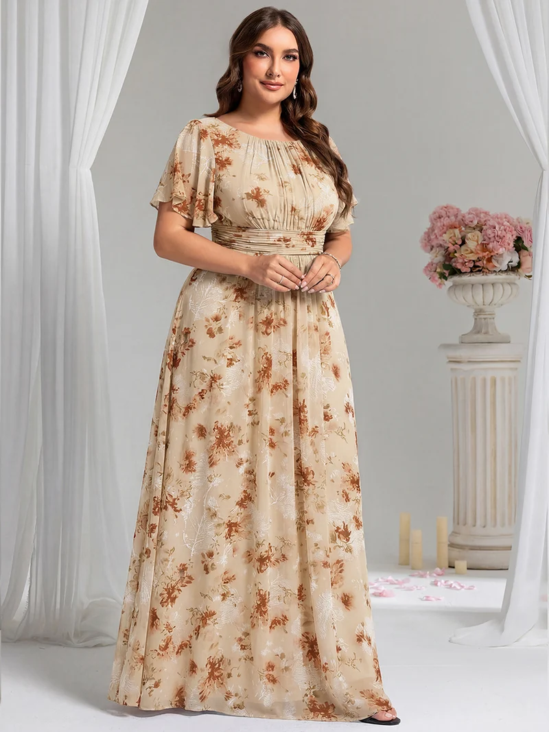 Robe de demoiselle d'honneur trapèze plissée en mousseline de soie simple, encolure ronde