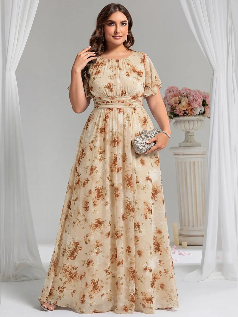 Robe de demoiselle d'honneur trapèze plissée en mousseline de soie simple, encolure ronde