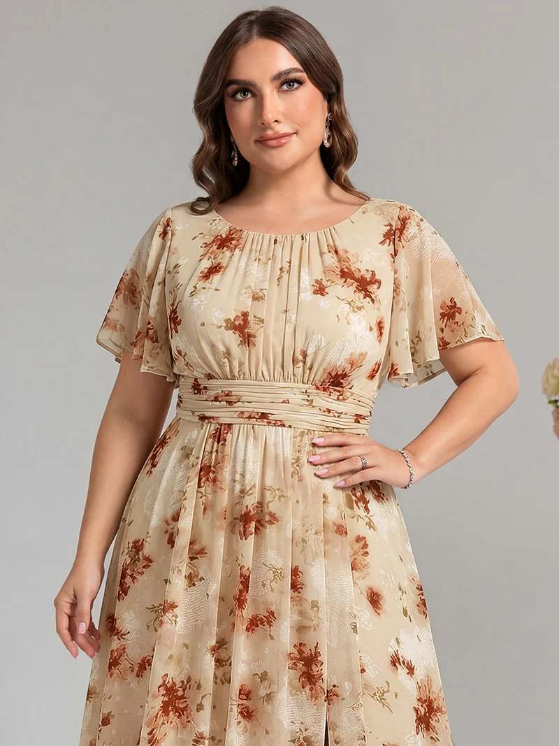Robe de demoiselle d'honneur trapèze plissée en mousseline de soie simple, encolure ronde