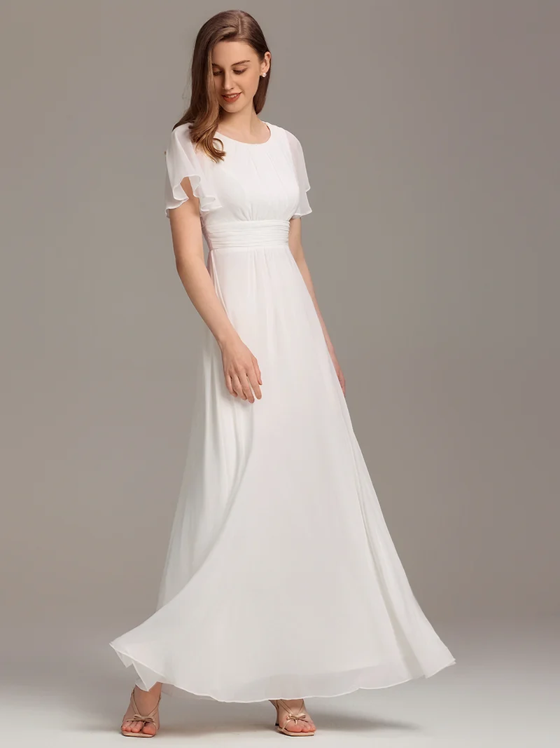 Robe de demoiselle d'honneur trapèze plissée en mousseline de soie simple, encolure ronde