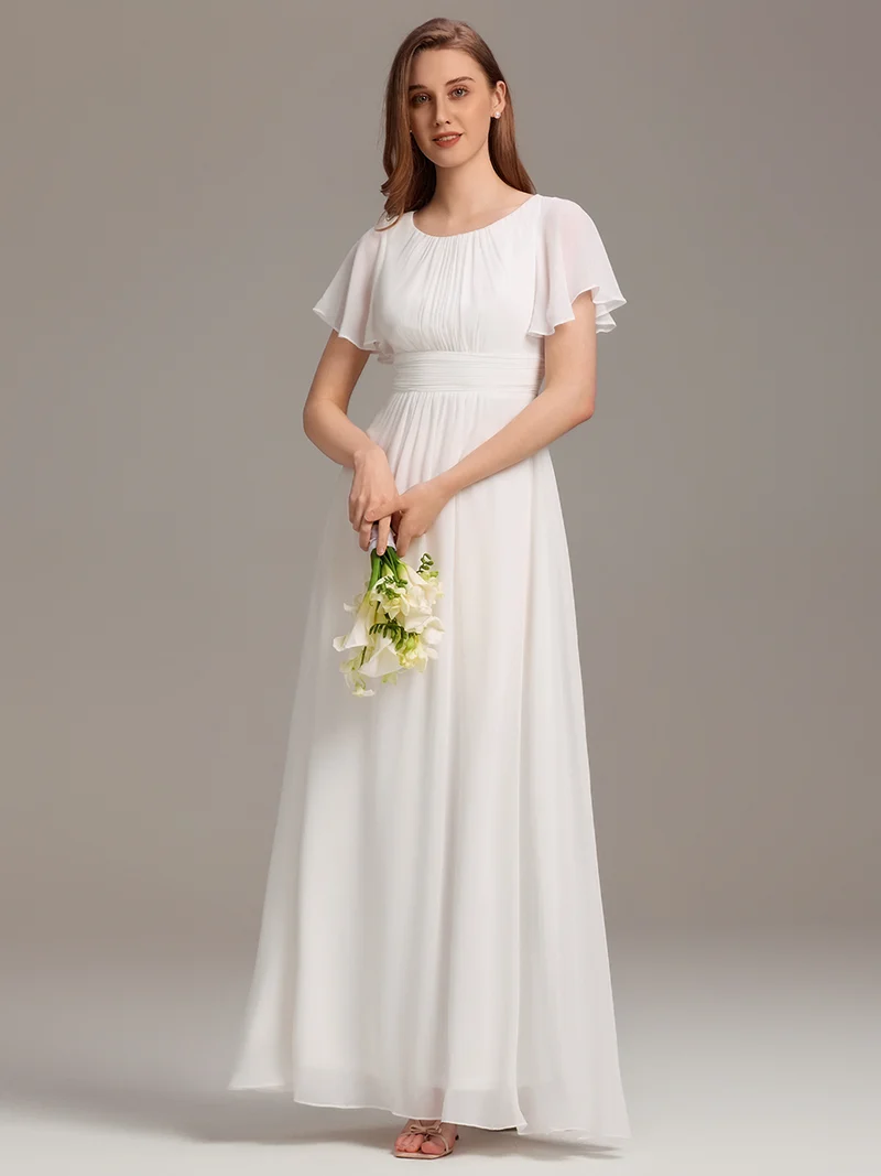 Robe de demoiselle d'honneur trapèze plissée en mousseline de soie simple, encolure ronde
