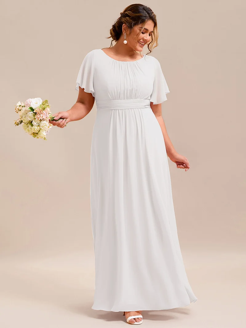 Robe de demoiselle d'honneur trapèze plissée en mousseline de soie simple, encolure ronde