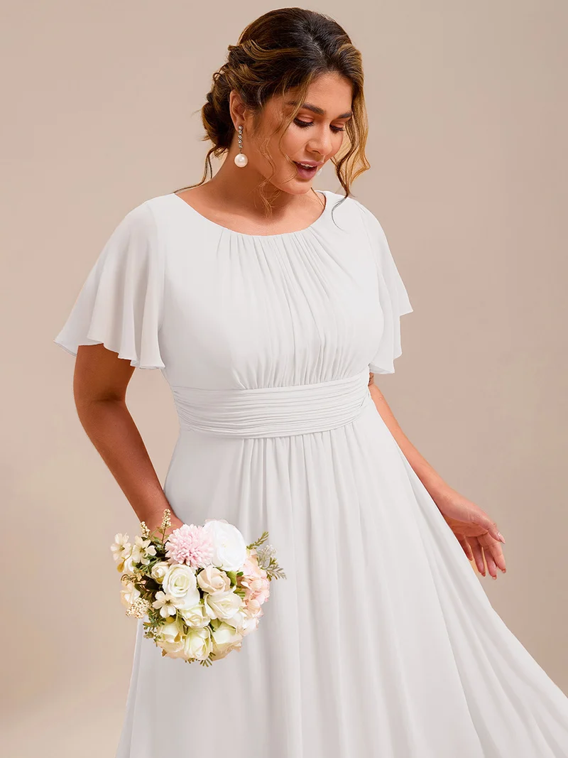Robe de demoiselle d'honneur trapèze plissée en mousseline de soie simple, encolure ronde