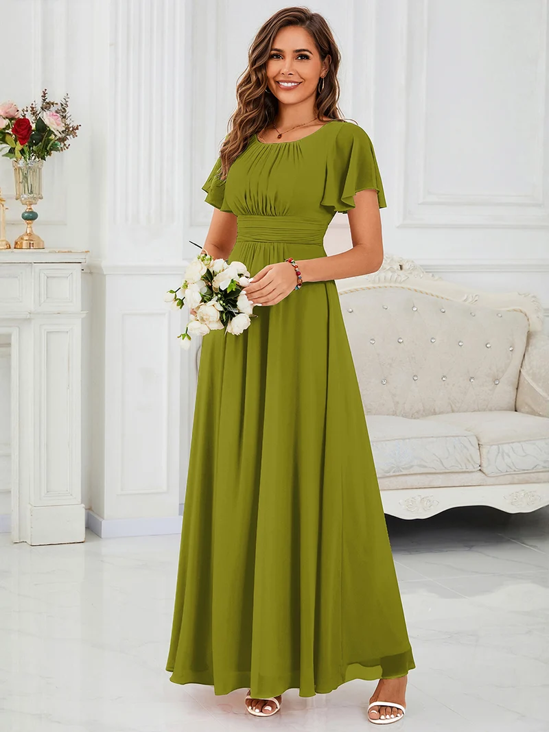 Robe de demoiselle d'honneur trapèze plissée en mousseline de soie simple, encolure ronde