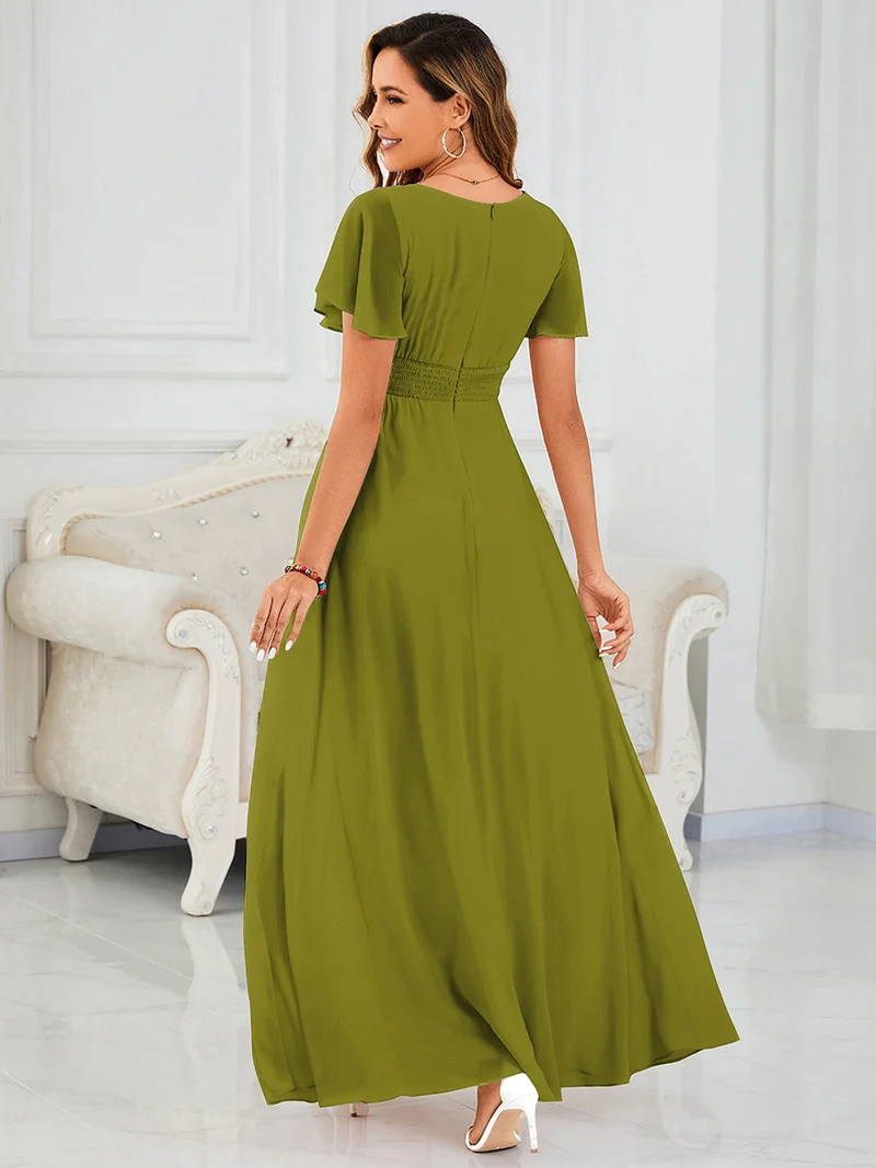 Robe de demoiselle d'honneur trapèze plissée en mousseline de soie simple, encolure ronde