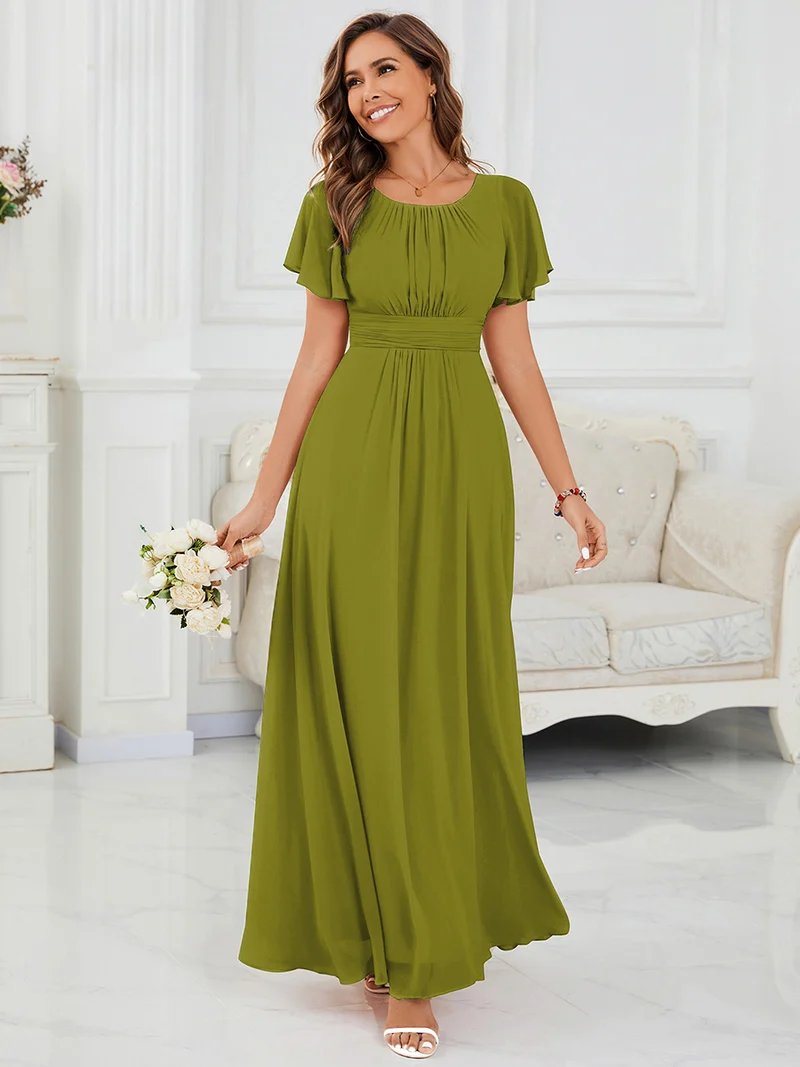 Robe de demoiselle d'honneur trapèze plissée en mousseline de soie simple, encolure ronde