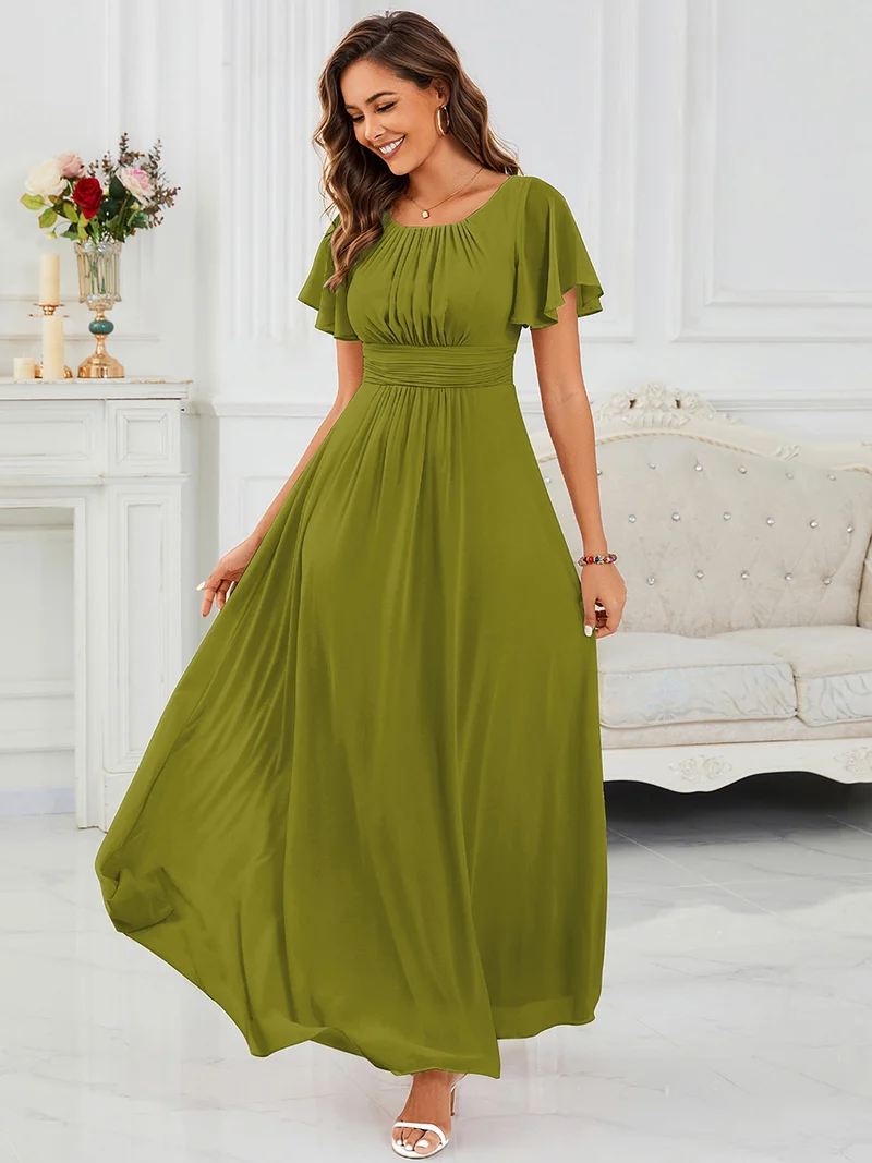 Robe de demoiselle d'honneur trapèze plissée en mousseline de soie simple, encolure ronde