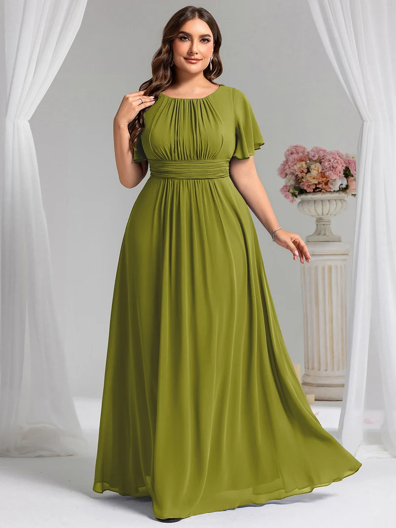Robe de demoiselle d'honneur trapèze plissée en mousseline de soie simple, encolure ronde