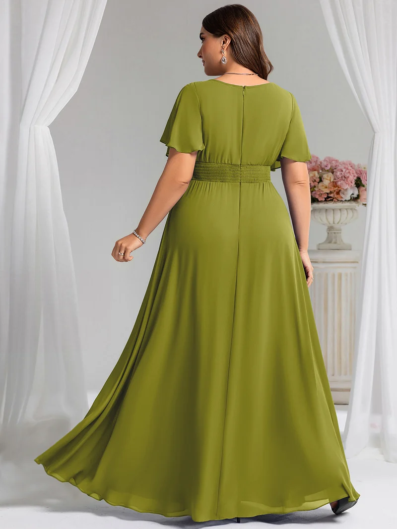 Robe de demoiselle d'honneur trapèze plissée en mousseline de soie simple, encolure ronde