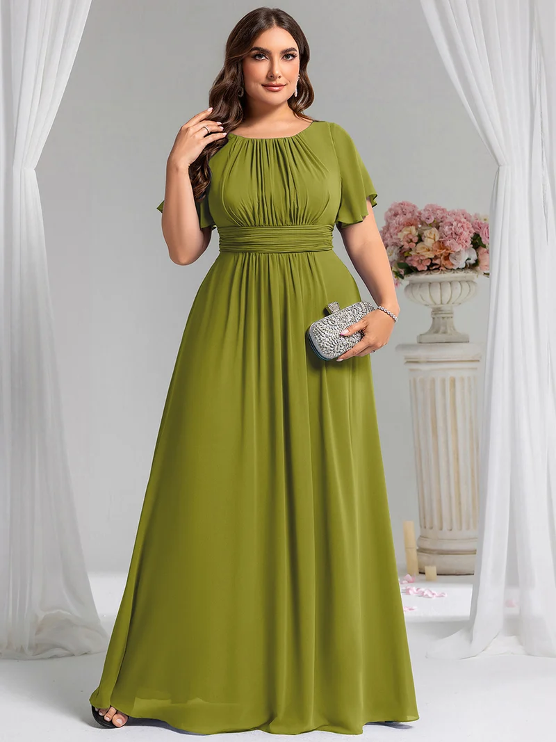 Robe de demoiselle d'honneur trapèze plissée en mousseline de soie simple, encolure ronde