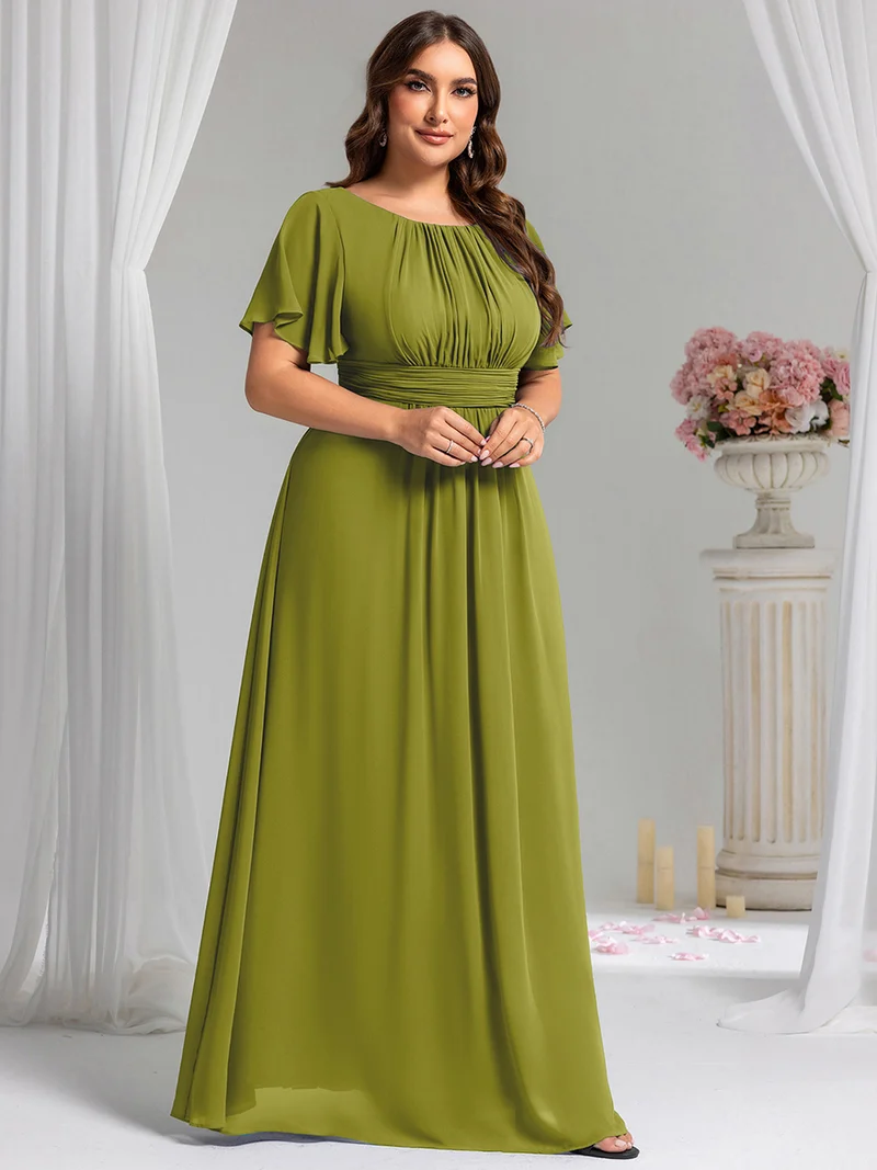 Robe de demoiselle d'honneur trapèze plissée en mousseline de soie simple, encolure ronde