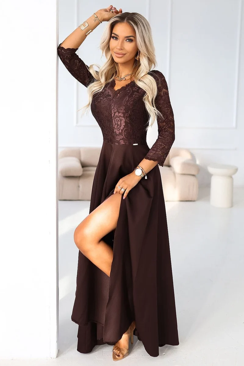 Robe de soirée marron longue haut en dentelle