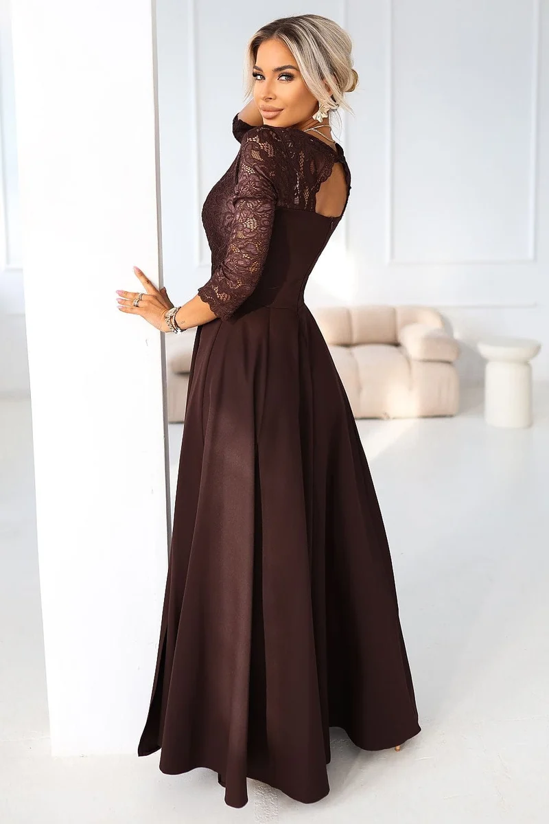 Robe de soirée marron longue haut en dentelle