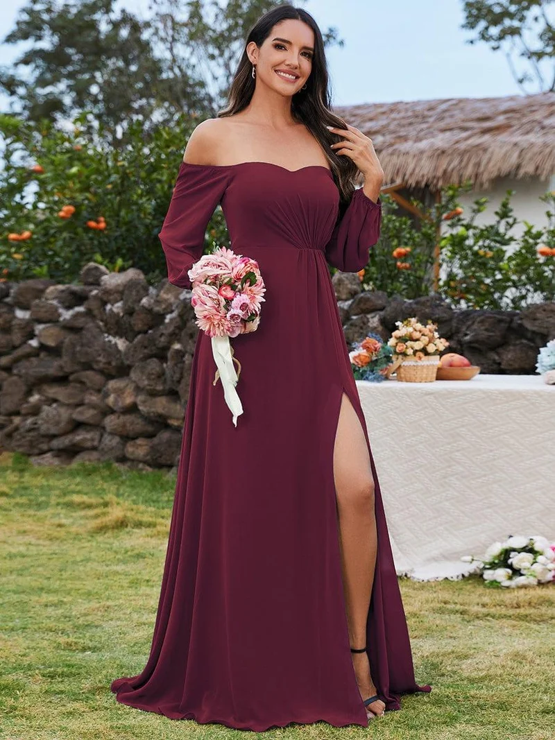 ever DANICA|Robes de demoiselle d'honneur à manches longues en mousseline à épaules dénudées
