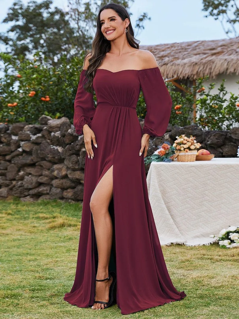 ever DANICA|Robes de demoiselle d'honneur à manches longues en mousseline à épaules dénudées
