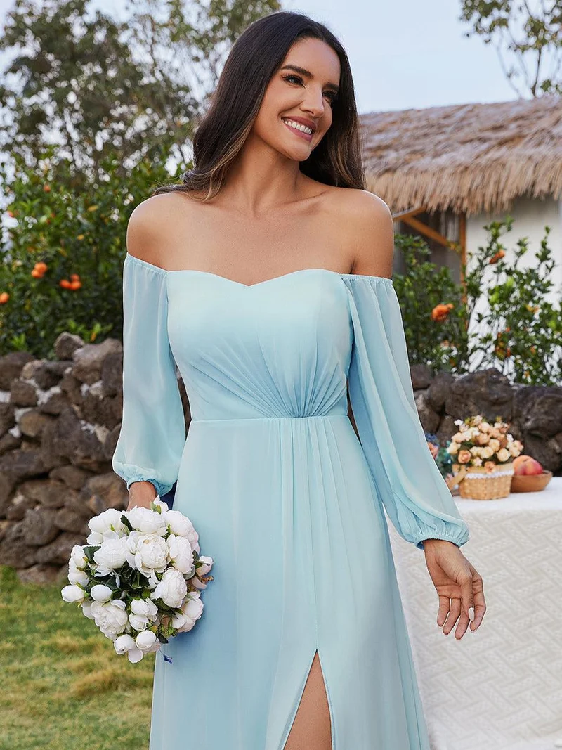 ever DANICA|Robes de demoiselle d'honneur à manches longues en mousseline à épaules dénudées