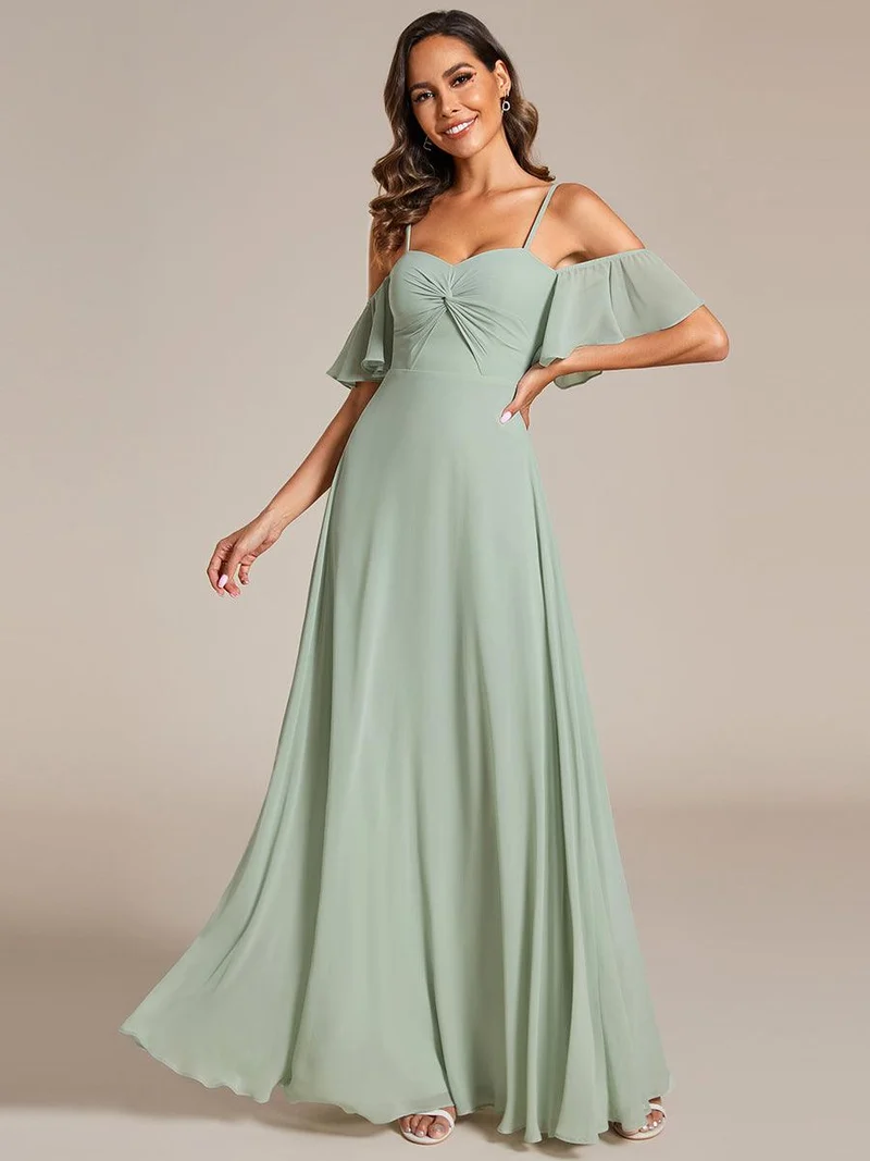 Robe de demoiselle d'honneur trapèze en mousseline de soie avec bretelles spaghetti et nœud
