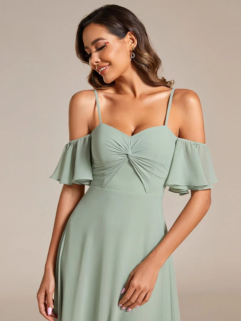 Robe de demoiselle d'honneur trapèze en mousseline de soie avec bretelles spaghetti et nœud