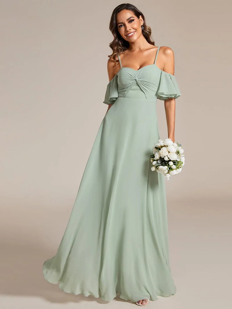 Robe de demoiselle d'honneur trapèze en mousseline de soie avec bretelles spaghetti et nœud