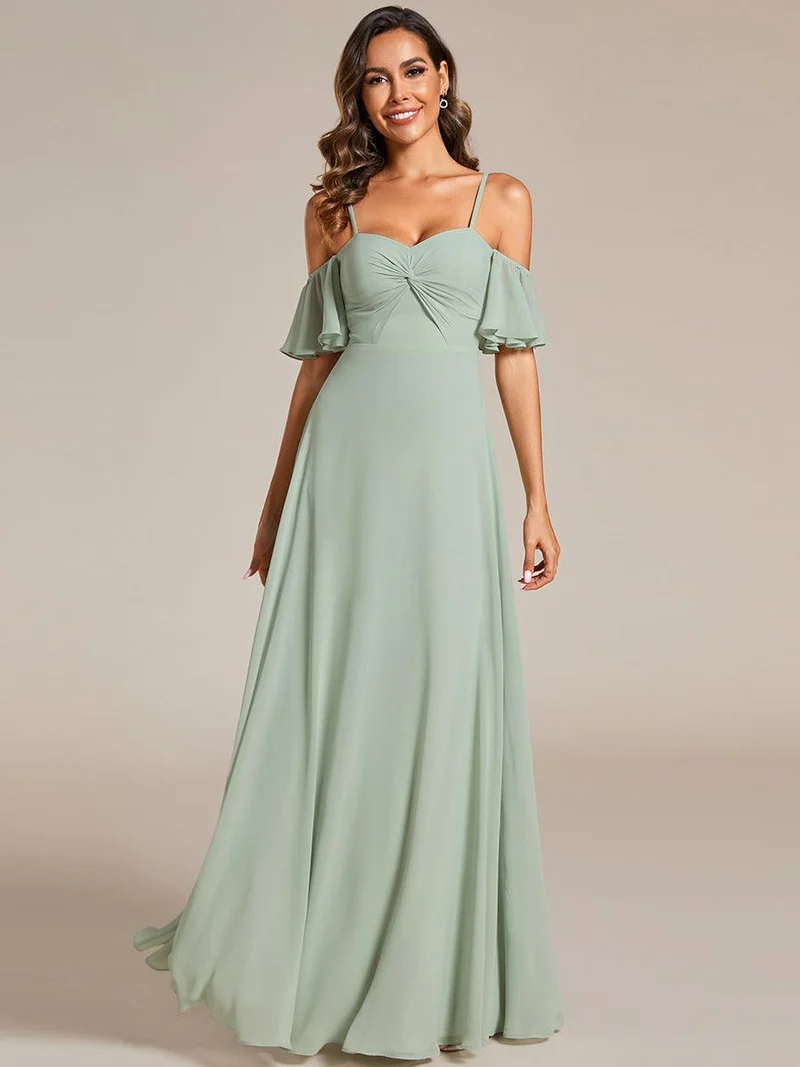 Robe de demoiselle d'honneur trapèze en mousseline de soie avec bretelles spaghetti et nœud