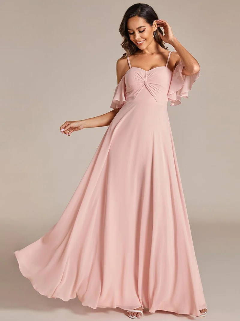 Robe de demoiselle d'honneur trapèze en mousseline de soie avec bretelles spaghetti et nœud
