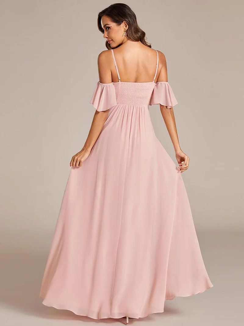 Robe de demoiselle d'honneur trapèze en mousseline de soie avec bretelles spaghetti et nœud