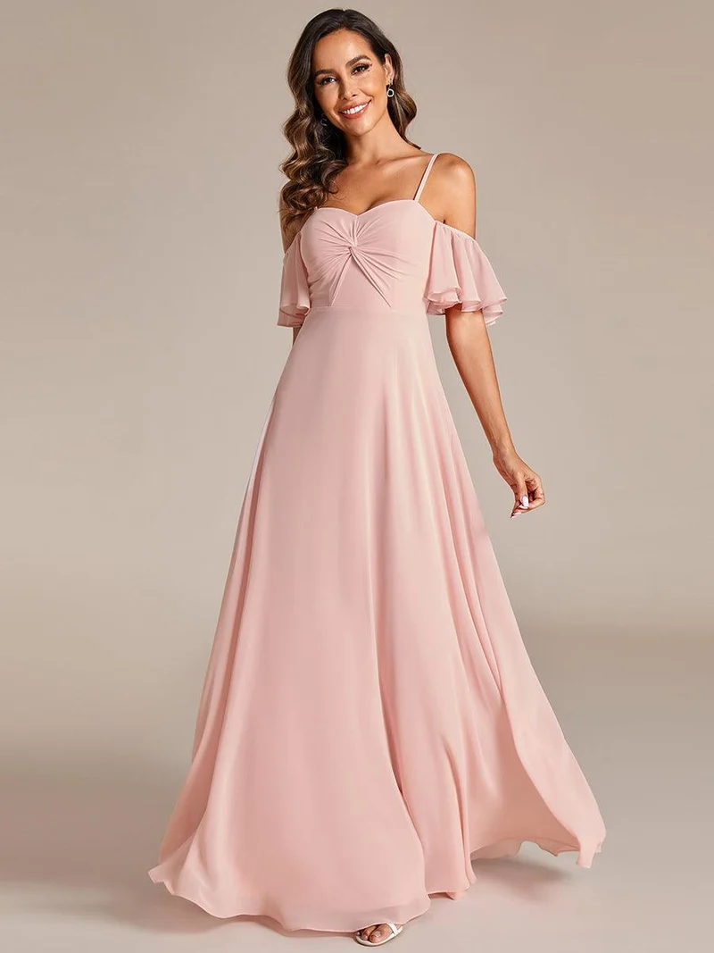 Robe de demoiselle d'honneur trapèze en mousseline de soie avec bretelles spaghetti et nœud