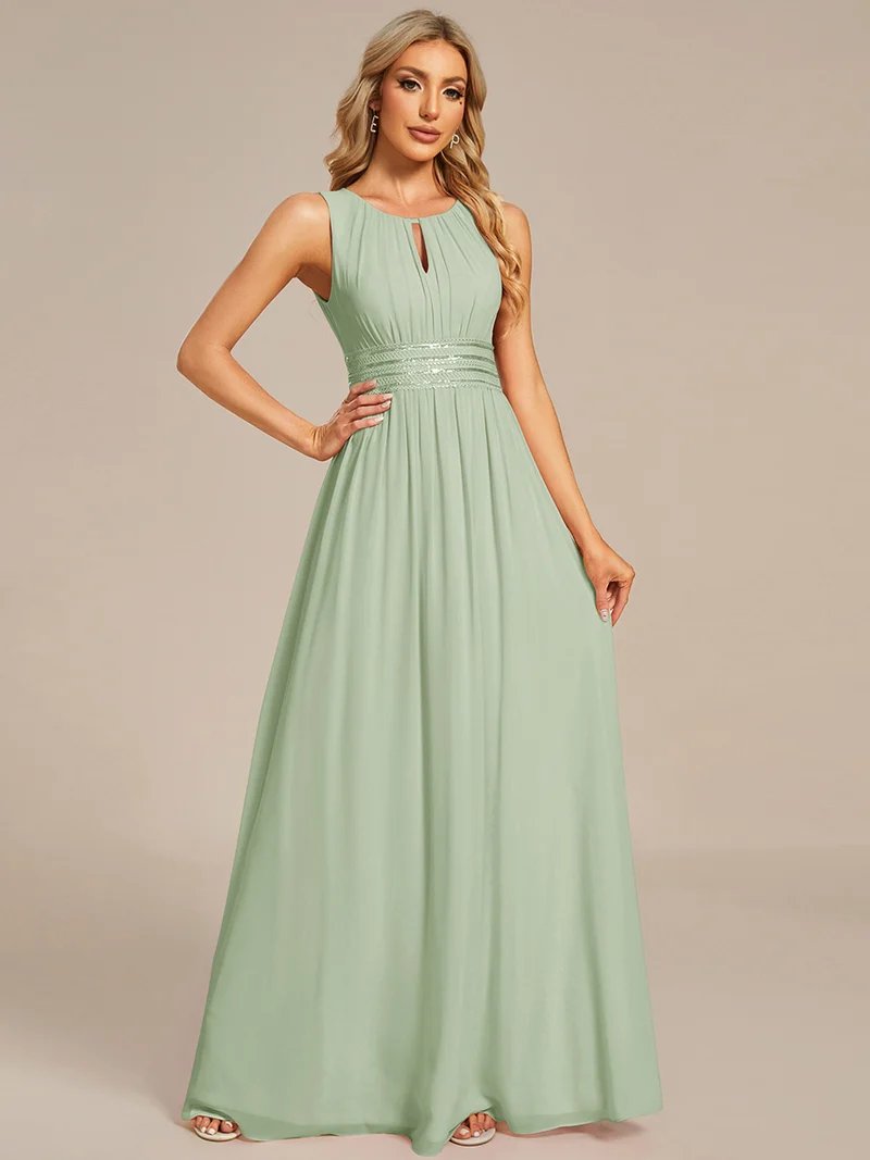 Robe De Demoiselle D'honneur Trapèze Simple Sans Manches En Mousseline Avec Détails Ajourés