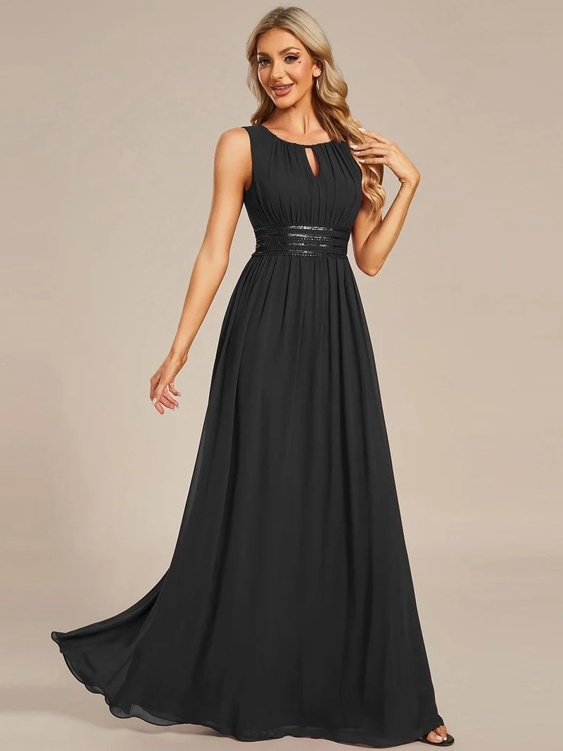 Robe De Demoiselle D'honneur Trapèze Simple Sans Manches En Mousseline Avec Détails Ajourés