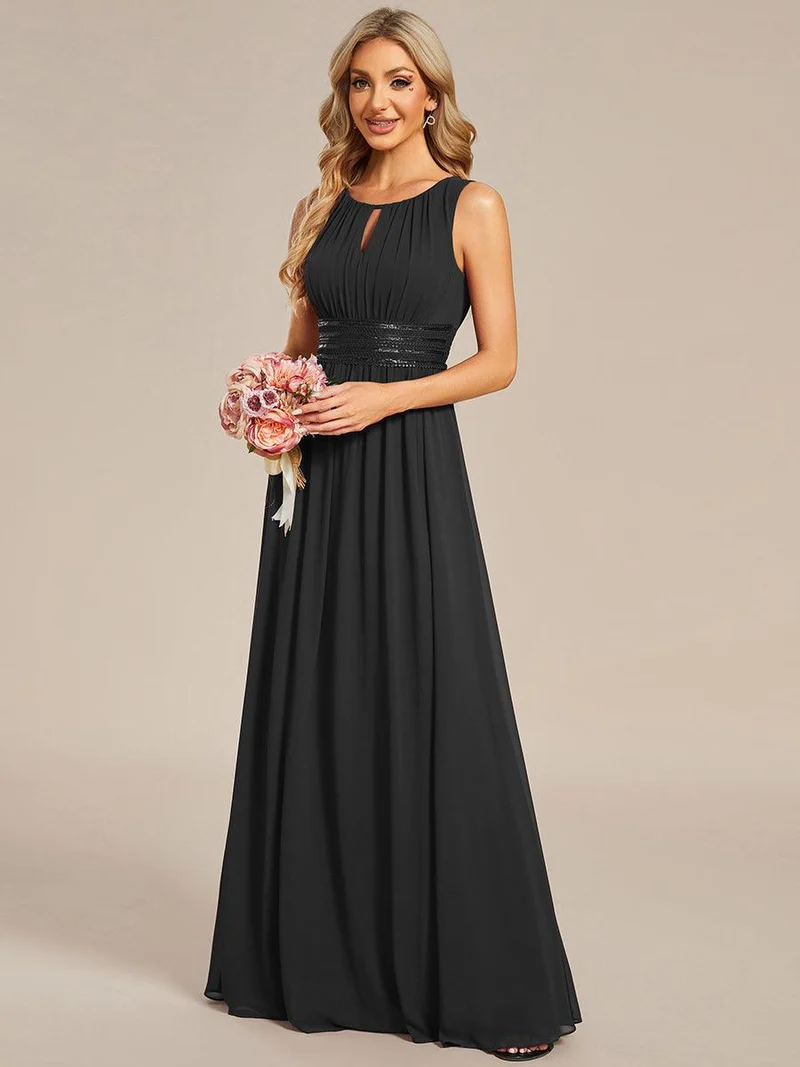 Robe De Demoiselle D'honneur Trapèze Simple Sans Manches En Mousseline Avec Détails Ajourés