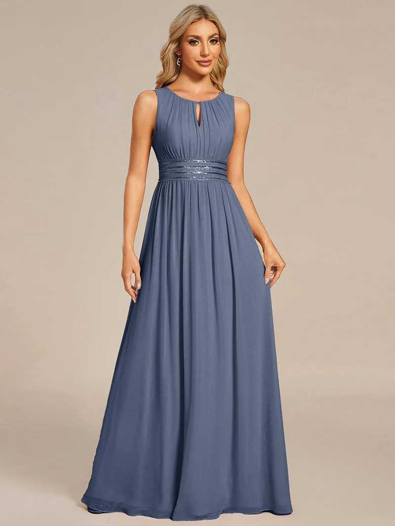 Robe De Demoiselle D'honneur Trapèze Simple Sans Manches En Mousseline Avec Détails Ajourés