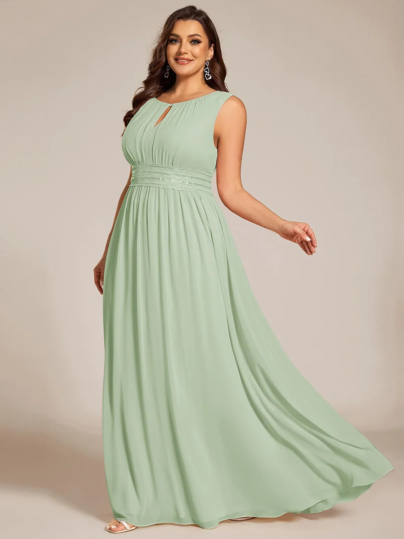 Robe De Demoiselle D'honneur Trapèze Simple Sans Manches En Mousseline Avec Détails Ajourés