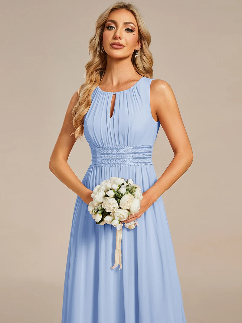 Robe De Demoiselle D'honneur Trapèze Simple Sans Manches En Mousseline Avec Détails Ajourés