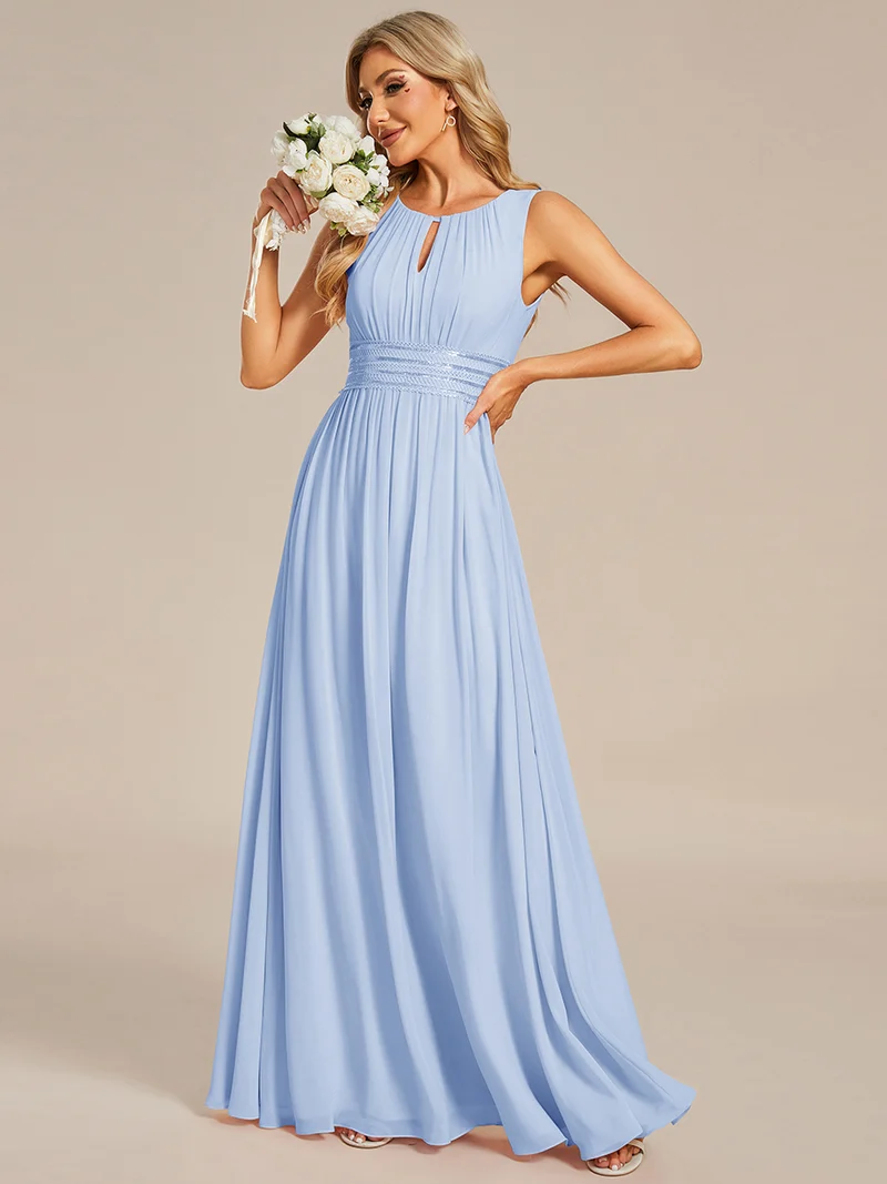 Robe De Demoiselle D'honneur Trapèze Simple Sans Manches En Mousseline Avec Détails Ajourés