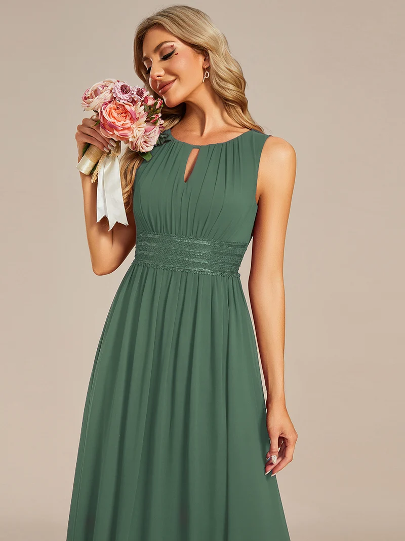 Robe De Demoiselle D'honneur Trapèze Simple Sans Manches En Mousseline Avec Détails Ajourés